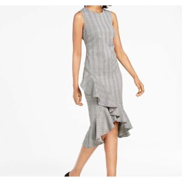 Calvin Klein Dresses & Skirts - Calvin Klein Plaid Sleeveless Ruffle Belted Dress Size 2 Black White
